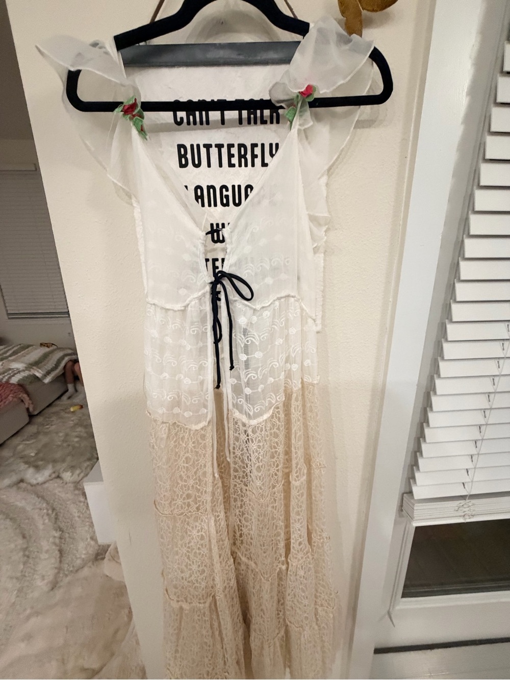Free People Ivory & Beige Lace Tiered Sundress with Black Tie